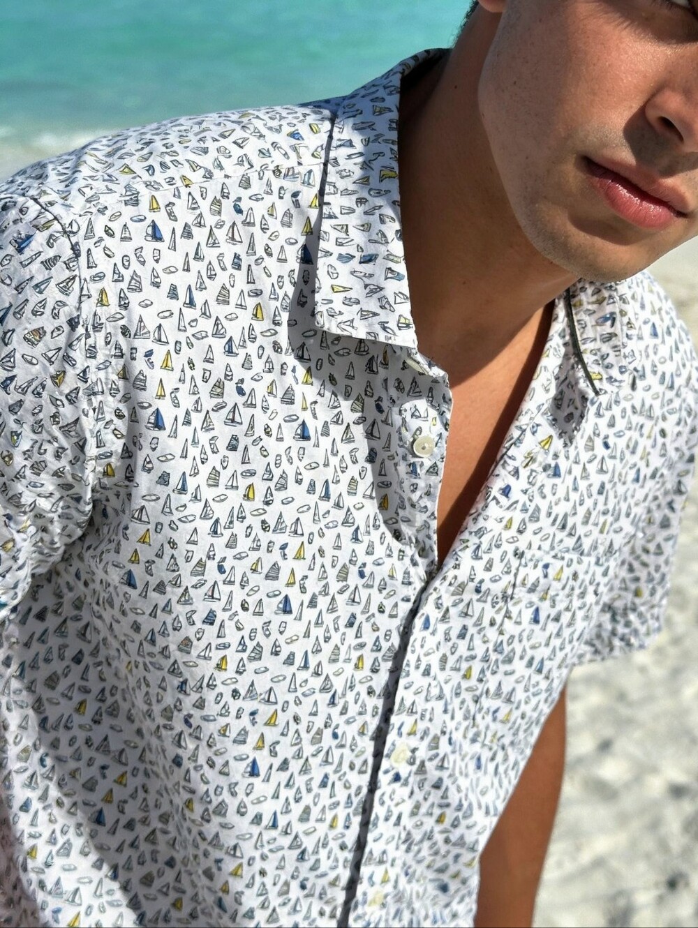 HAWK KNEXT Men's Shirt White Blue Sail Boats Nautical Cotton Short Sleeve XL